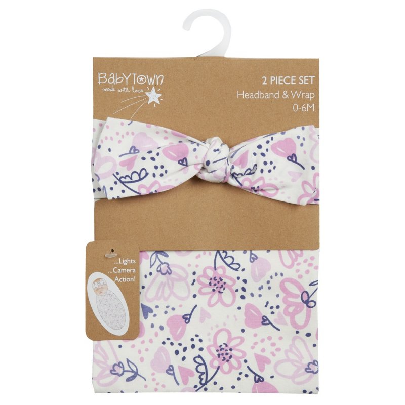 BABY GIRLS FLORAL HEADBAND & SWADDLE WRAP SET (0-6 MONTHS)