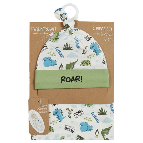 BABY DINOSAUR PRINT HAT & SWADDLE WRAP SET (0-6 MONTHS)