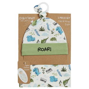 BABY DINOSAUR PRINT HAT & SWADDLE WRAP SET (0-6 MONTHS)
