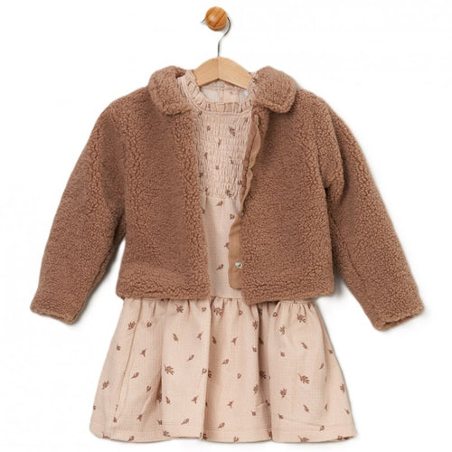 GIRLS BORG JACKET & FLORAL PRINT DRESS
