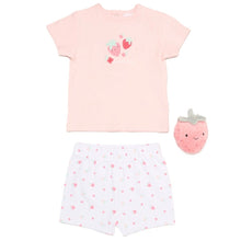 Load image into Gallery viewer, Baby Girls Strawberry T-Shirt, Shorts
&amp; Plush Toy Set (0-9 Months)