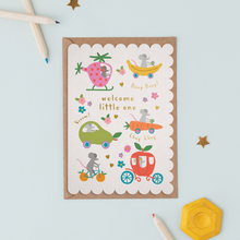 Load image into Gallery viewer, Mice Fruit Dash Welcome Baby Card | New baby card