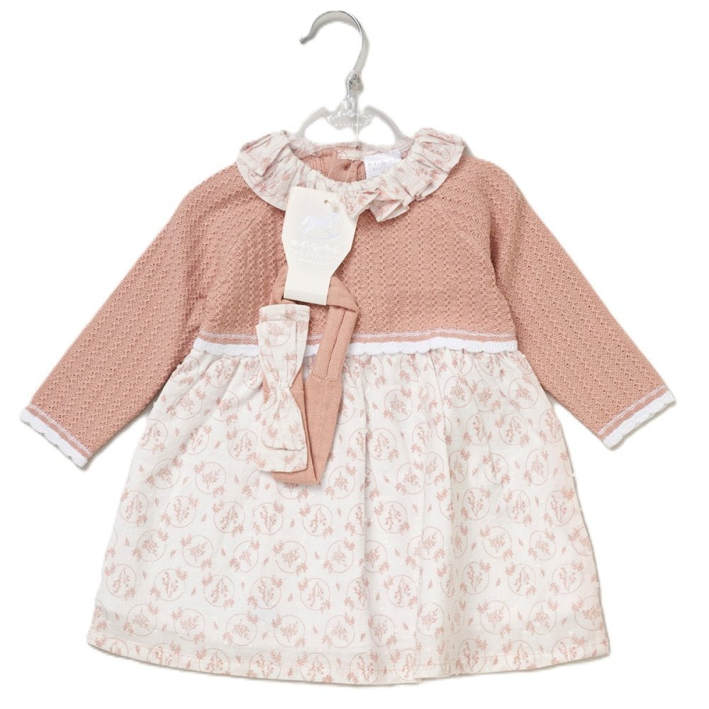 BABY GIRLS KNITTED WOVEN MIX PINK DRESS & HEADBAND SET