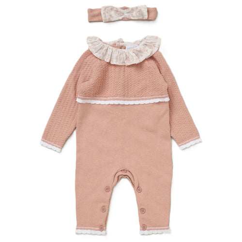 BABY GIRLS KNITTED WOVEN MIX PINK ROMPER & HEADBAND SET
