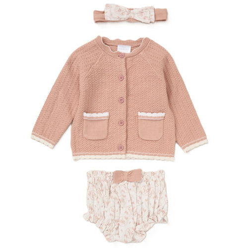 BABY GIRLS KNITTED WOVEN MIX PINK CARDIGAN, PANTS & HEADBAND SET