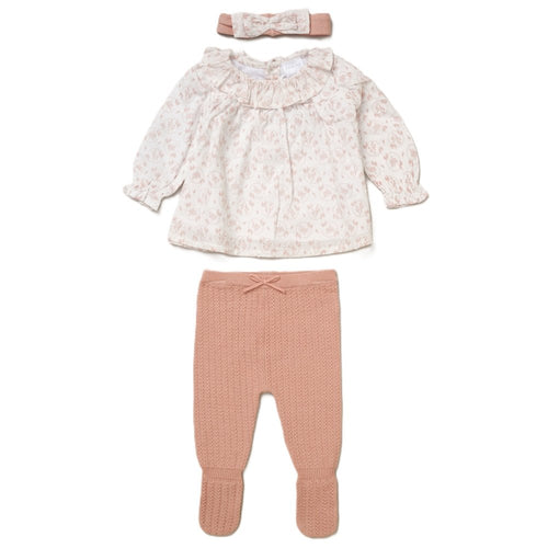 BABY GIRLS KNITTED WOVEN MIX PINK BLOUSE OUTFIT SET