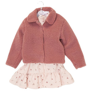 PINK GIRLS TEDDY BORG JACKET & FLORAL PRINT DRESS