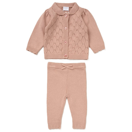 BABY GIRLS PINK KNITTED 2 PIECE OUTFIT COLLAR CARDIGAN