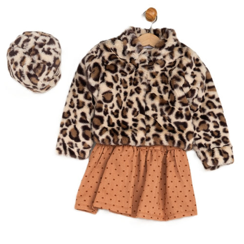 Leopard Print Faux Fur Jacket, Dress and Beret Set