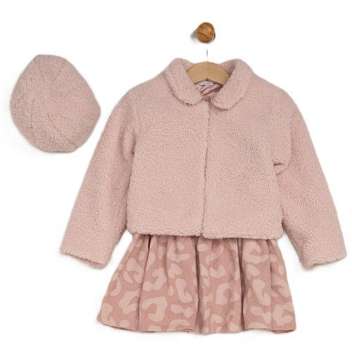Pink Teddy Jacket, Dress and Beret Set