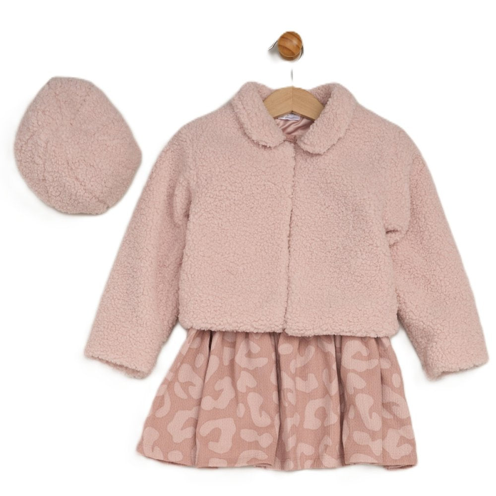 Pink Teddy Jacket, Dress and Beret Set