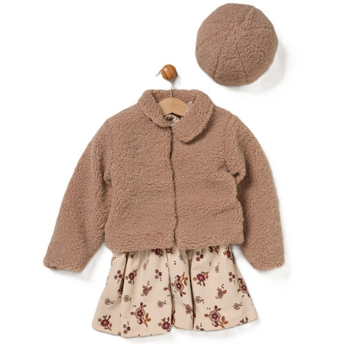 Brown Leaf Teddy Jacket, Dress and Beret Set
