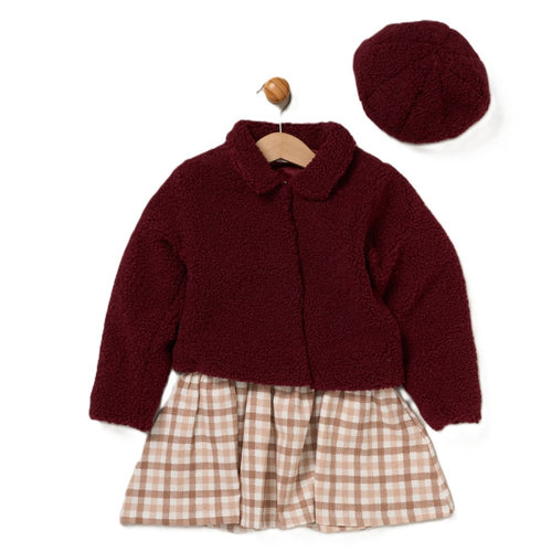 Wine Teddy Jacket, Dress and Beret Set