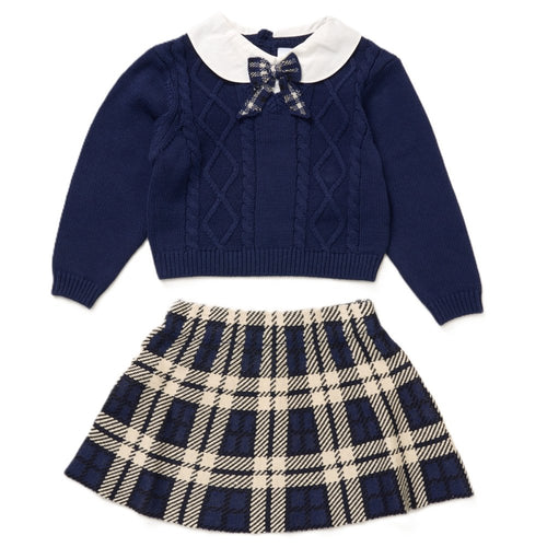 GIRLS NAVY KNIT JUMPER & SKIRT OUTFIT