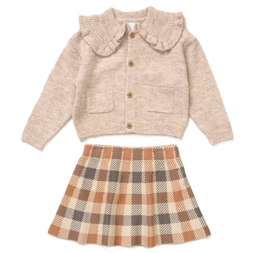 Cardigan and Checked Skirt Outfit