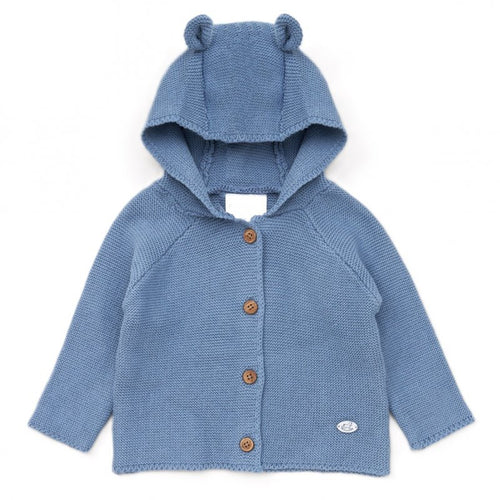 Blue Cotton Hooded Knitted Cardigan