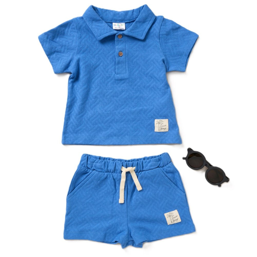 BOYS BLUE JERSEY POLO TOP & SHORTS WITH SUNGLASSES OUTFIT