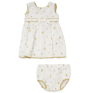 BABY GIRLS MUSLIN FLORAL FABRIC DRESS & PANT SET
