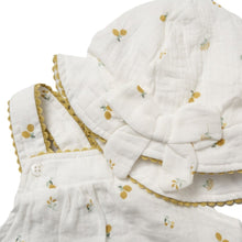 Load image into Gallery viewer, BABY GIRLS PRINTED FRUIT PRINT MUSLIN FABRIC ROMPER &amp; HAT