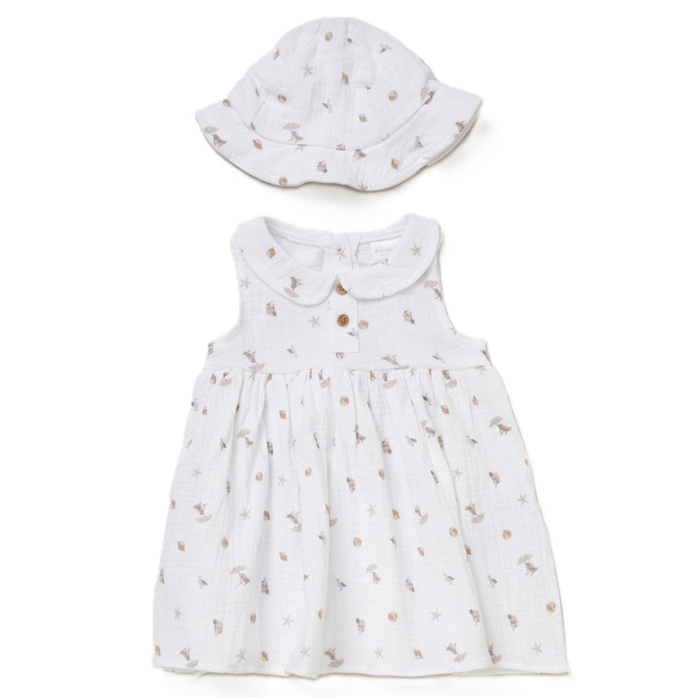 BABY GIRLS BEACH MUSLIN FABRIC DRESS & HAT SET