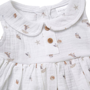 BABY GIRLS BEACH MUSLIN FABRIC DRESS & HAT SET