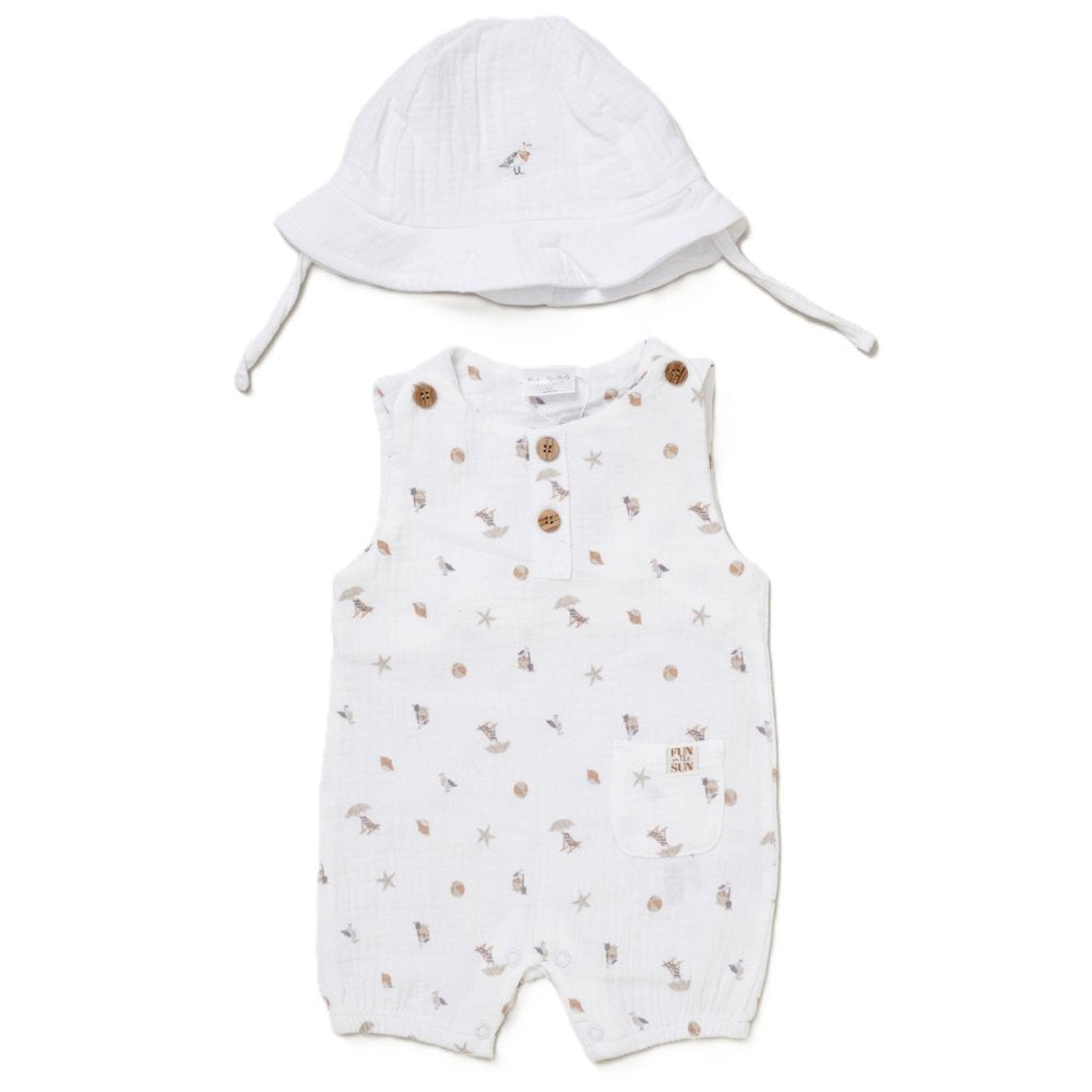 BABY FUN IN THE SUN UNISEX MUSLIN FABRIC ROMPER & HAT