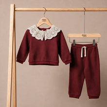 Load image into Gallery viewer, Baby Girls Burgundy Broderie collar Top And Jogger Set