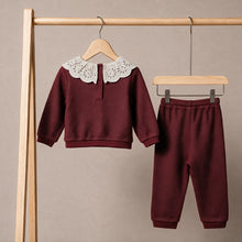 Load image into Gallery viewer, Baby Girls Burgundy Broderie collar Top And Jogger Set