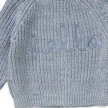 Load image into Gallery viewer, BABY BLUE COTTON KNIT CARDIGAN WITH EMBROIDERY DETAIL HELLO