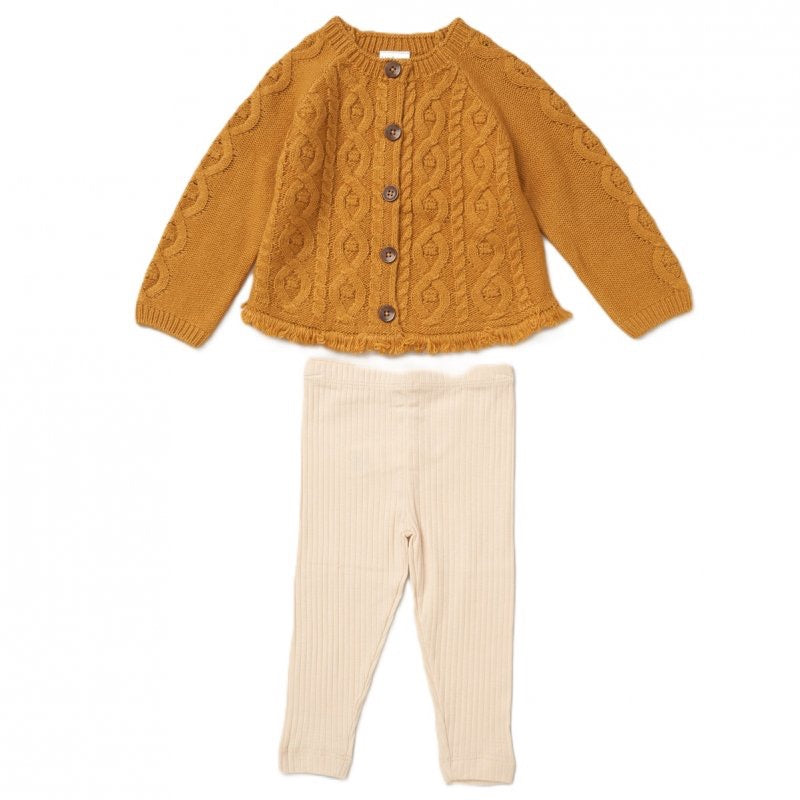 MUSTARD BABY GIRLS KNITTED CARDIGAN & RIBBED LEGGING OUTFIT