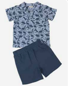 Blue Dinosaur Muslin Shirt and Short Set