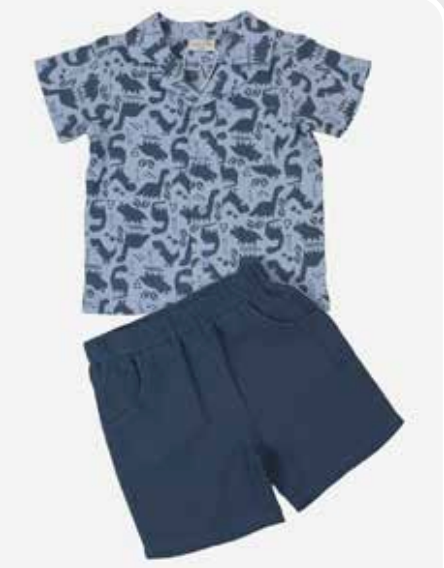 Blue Dinosaur Muslin Shirt and Short Set