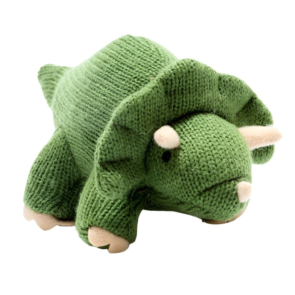 Knitted Moss Green Triceratops Dinosaur Baby Rattle
