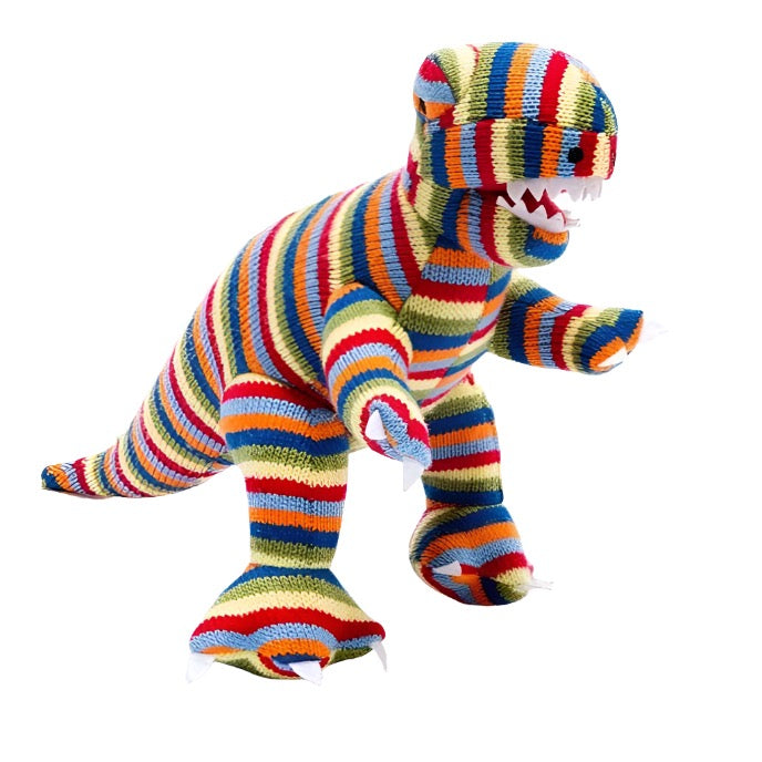 Knitted Rainbow Stripe T Rex Dinosaur Plush Toy